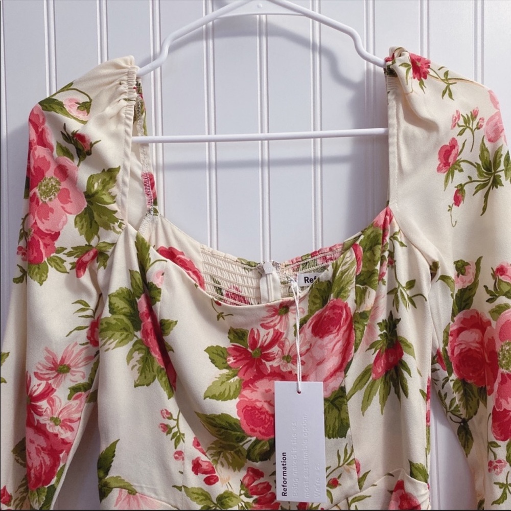 Reformation Hilda Floral Print Ruched Smocked Midi Dress In Jardin NWT Size 10 - Picture 13 of 15